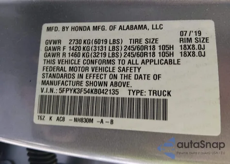 2019 Honda Ridgeline Rtl z USA, uszkodzony, nr VIN 5FPYK3F54KB042135